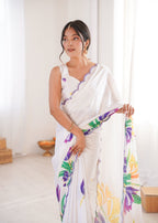 Jyoti Fashion Women's White Chinon Digital Printed Designer Saree with Blouse | Grocsy