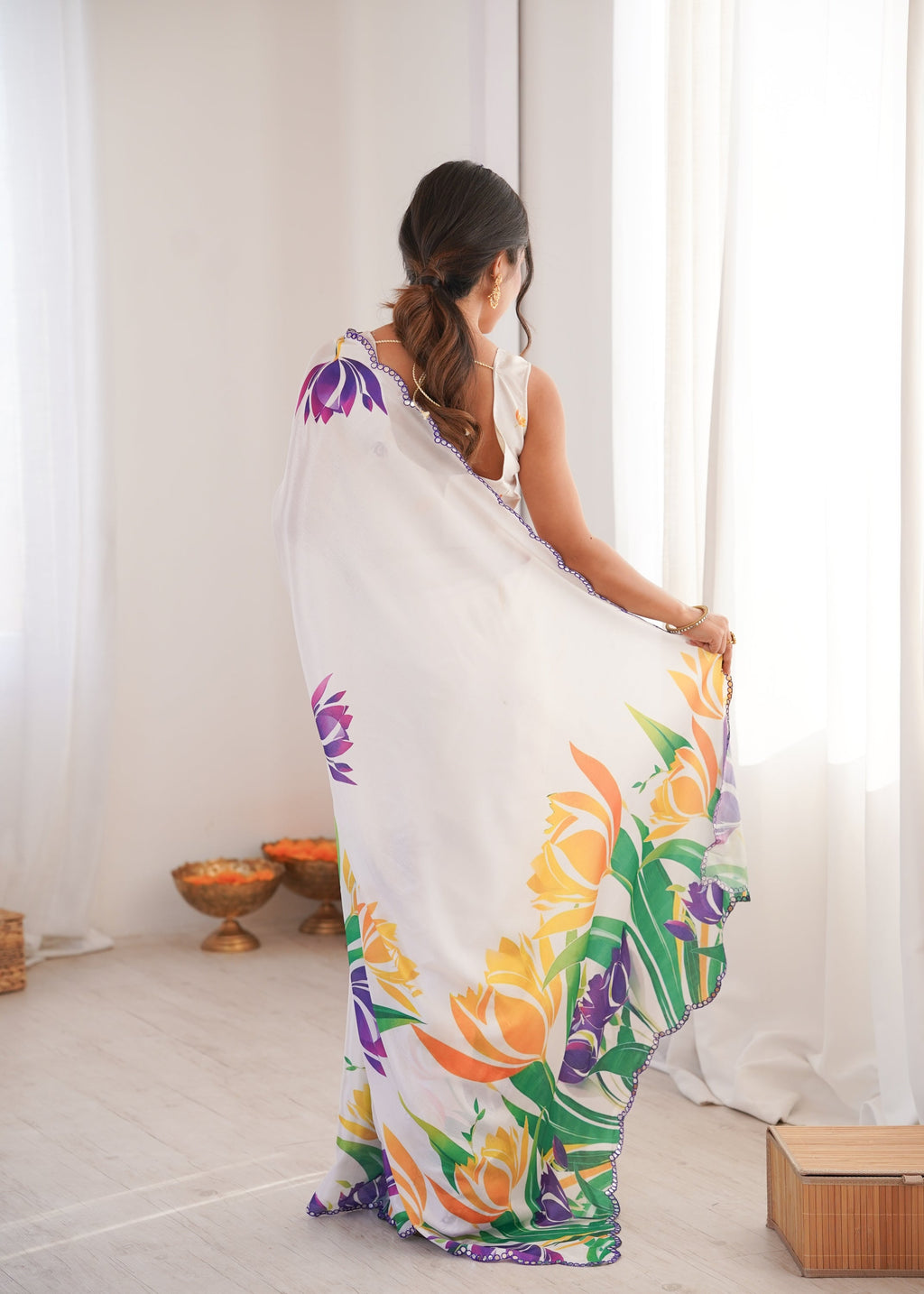 Jyoti Fashion Women's White Chinon Digital Printed Designer Saree with Blouse | Grocsy