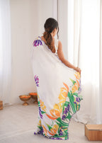 Jyoti Fashion Women's White Chinon Digital Printed Designer Saree with Blouse | Grocsy