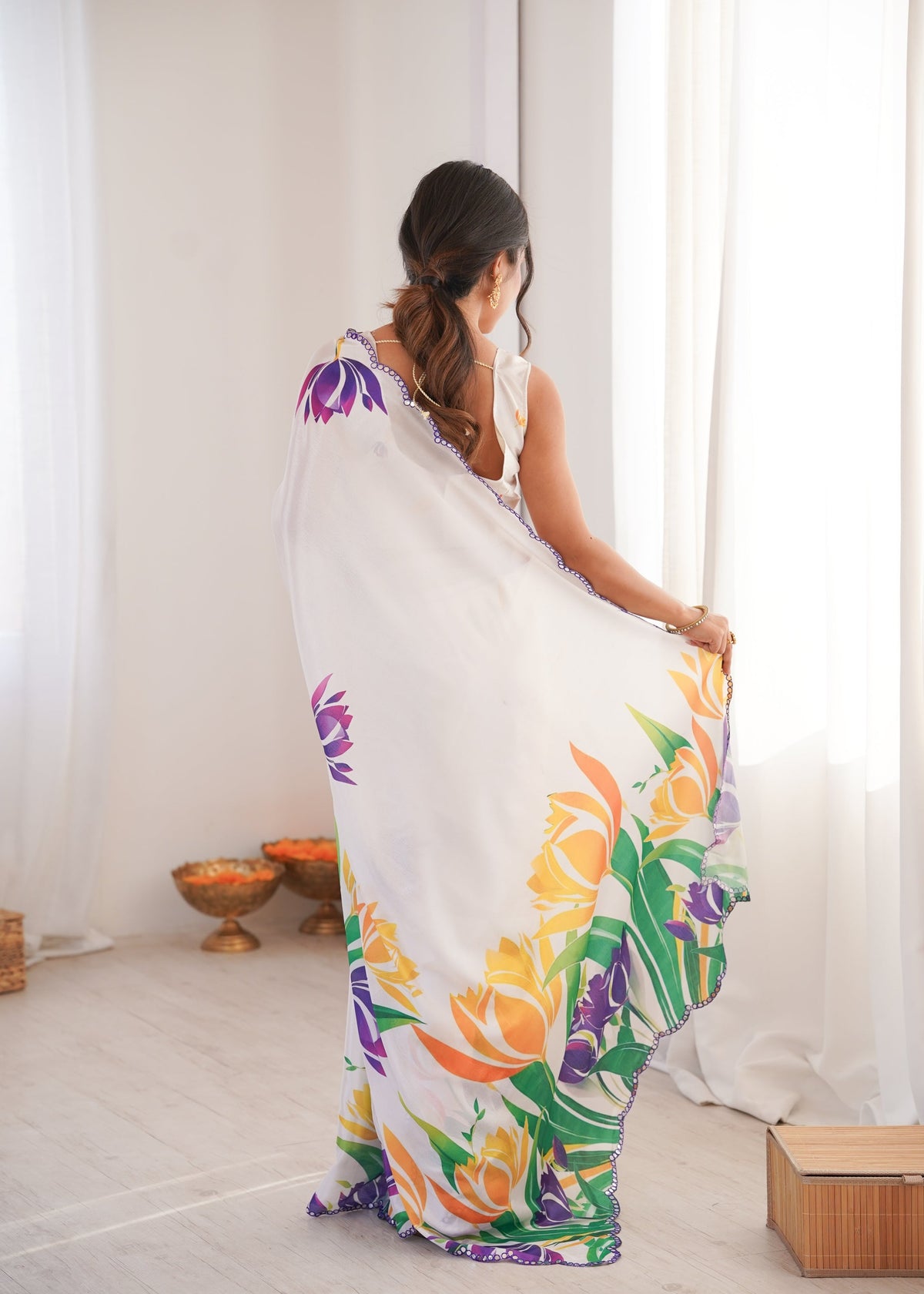 Jyoti Fashion Women's White Chinon Digital Printed Designer Saree with Blouse | Grocsy