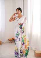 Jyoti Fashion Women's White Chinon Digital Printed Designer Saree with Blouse | Grocsy