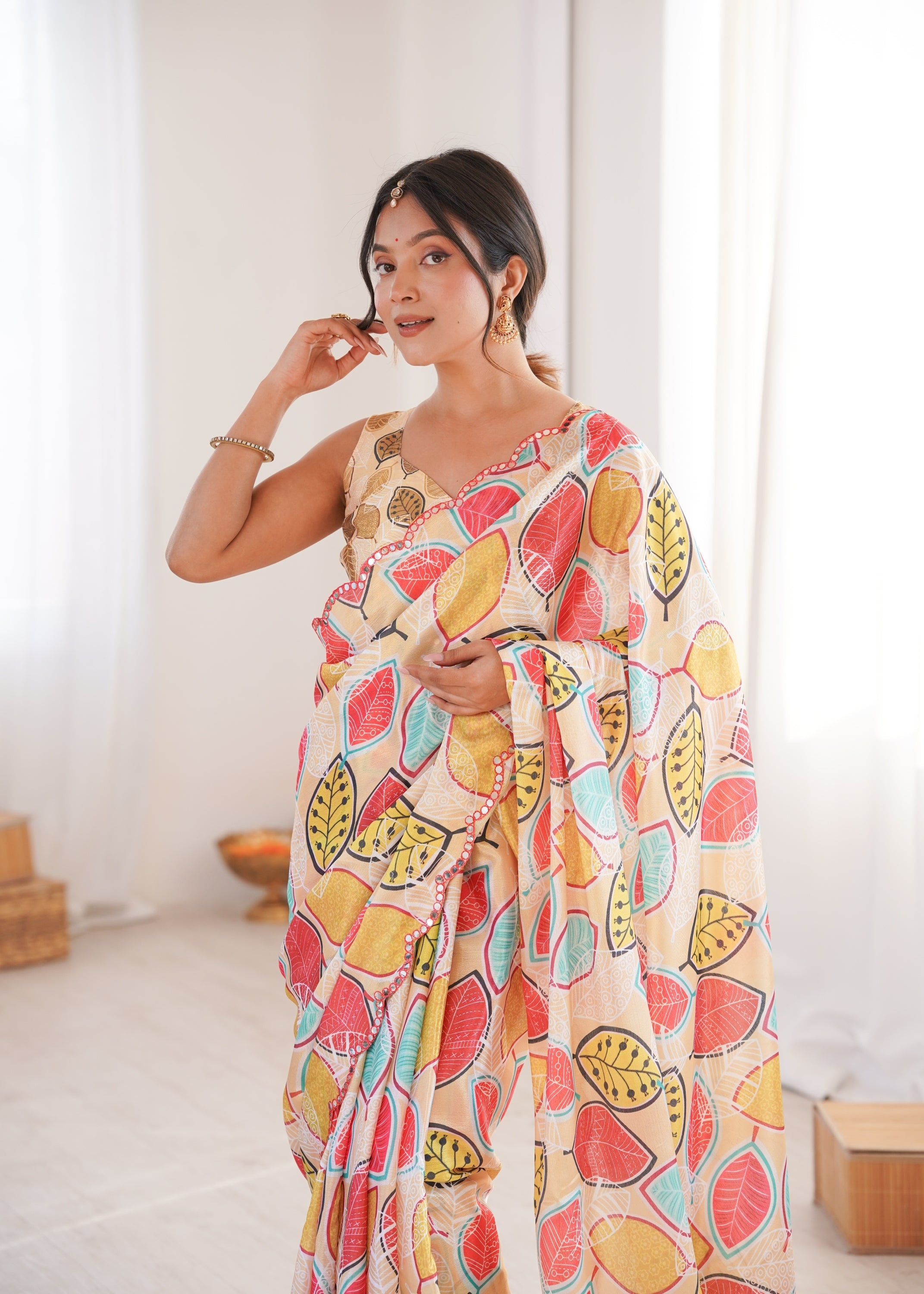 Jyoti Fashion Women's Multicolor Chinon Digital Printed Designer Saree with Blouse | Grocsy