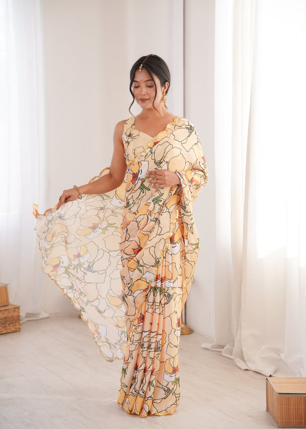 Jyoti Fashion Women's Cream Chinon Digital Printed Designer Saree with Blouse | Grocsy