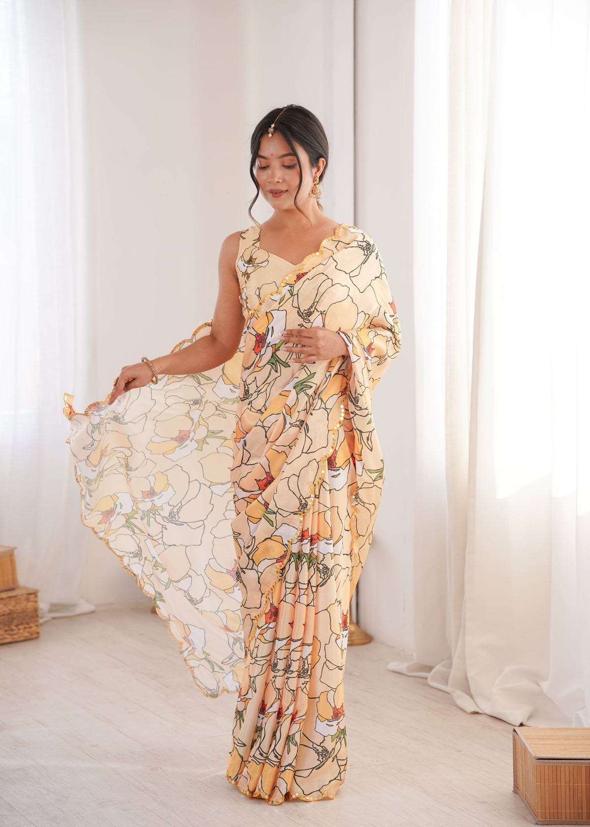 Jyoti Fashion Women's Cream Chinon Digital Printed Designer Saree with Blouse | Grocsy