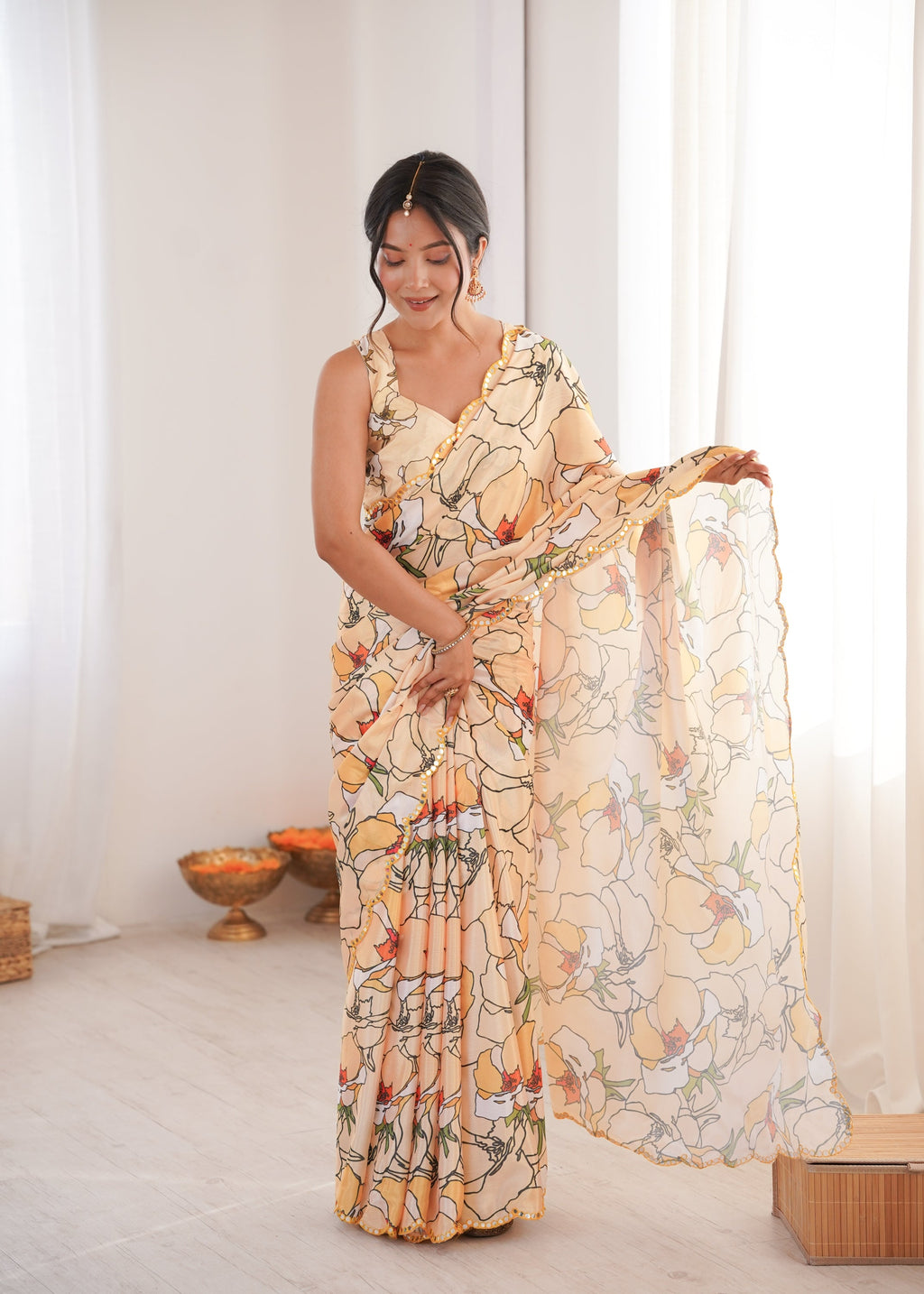 Jyoti Fashion Women's Cream Chinon Digital Printed Designer Saree with Blouse | Grocsy