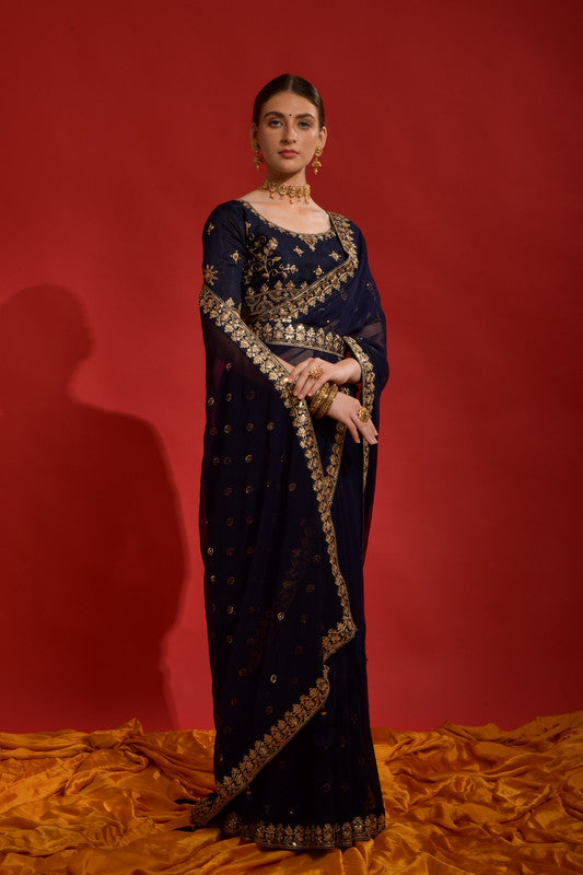 Jyoti Fashion Women's Navy Blue Sequence Coding Embroidery Georgette Saree with Blouse | Grocsy