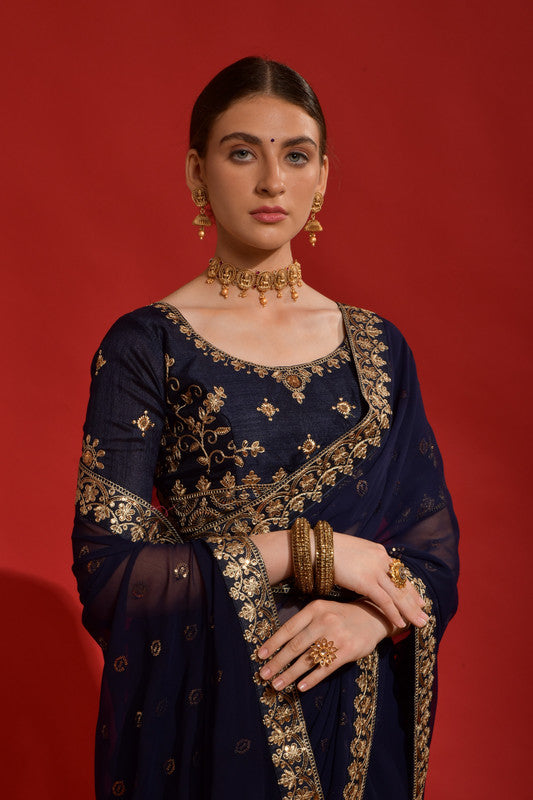 Jyoti Fashion Women's Navy Blue Sequence Coding Embroidery Georgette Saree with Blouse | Grocsy