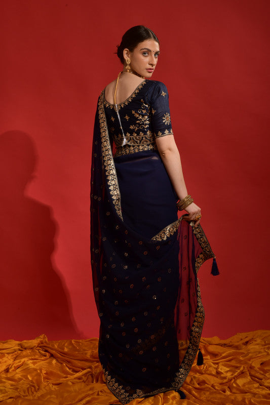 Jyoti Fashion Women's Navy Blue Sequence Coding Embroidery Georgette Saree with Blouse | Grocsy