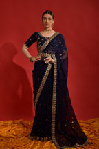Jyoti Fashion Women's Navy Blue Sequence Coding Embroidery Georgette Saree with Blouse | Grocsy