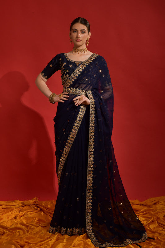 Jyoti Fashion Women's Navy Blue Sequence Coding Embroidery Georgette Saree with Blouse | Grocsy