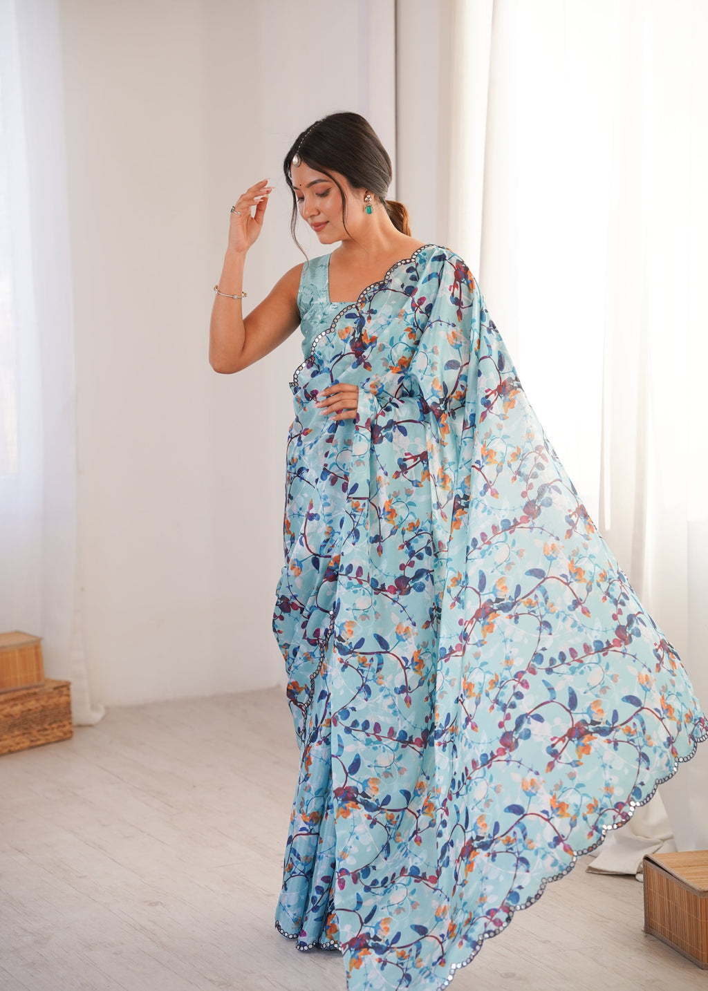 Jyoti Fashion Women's Sky Blue Chinon Digital Printed Designer Saree with Blouse | Grocsy