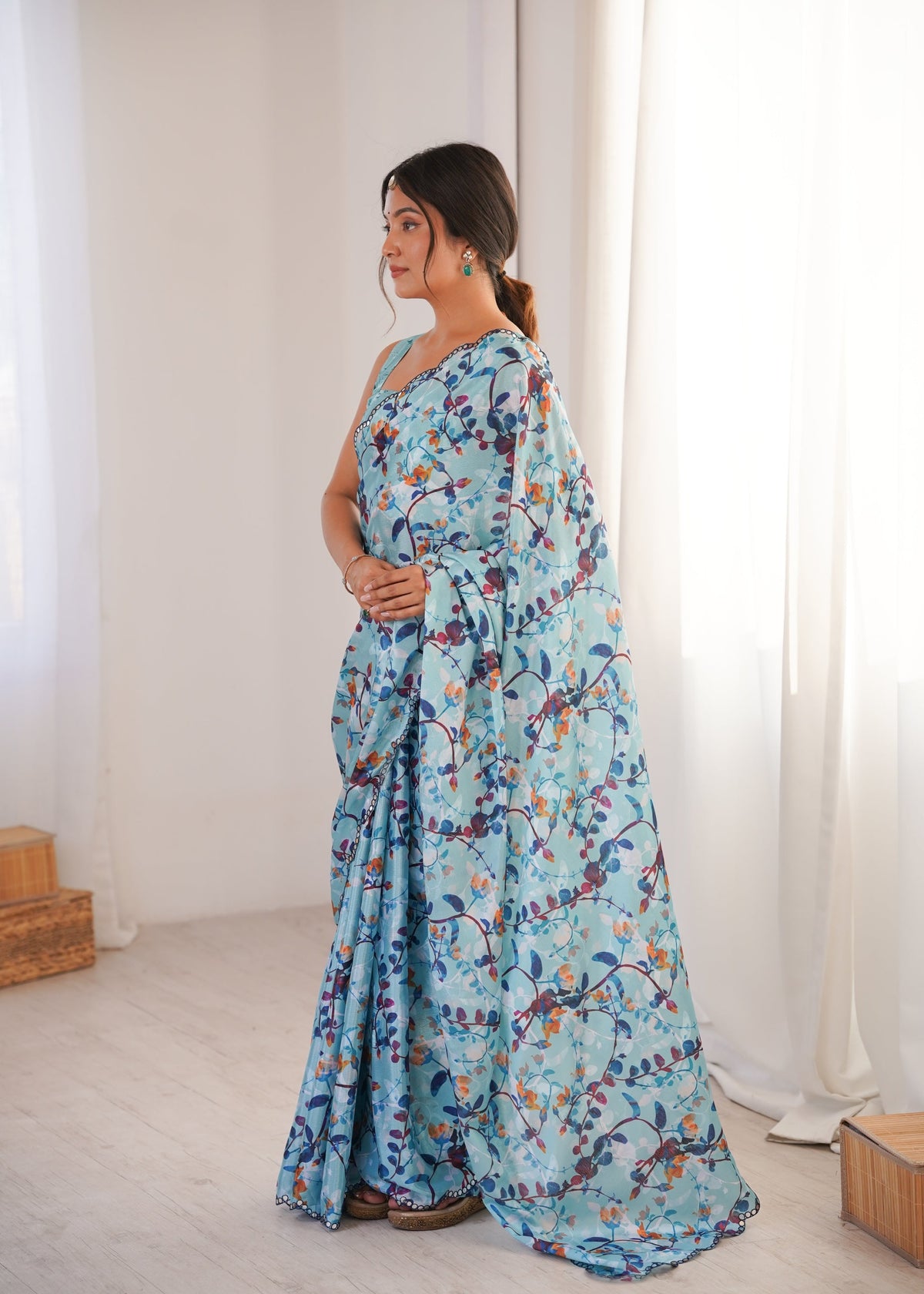 Jyoti Fashion Women's Sky Blue Chinon Digital Printed Designer Saree with Blouse | Grocsy