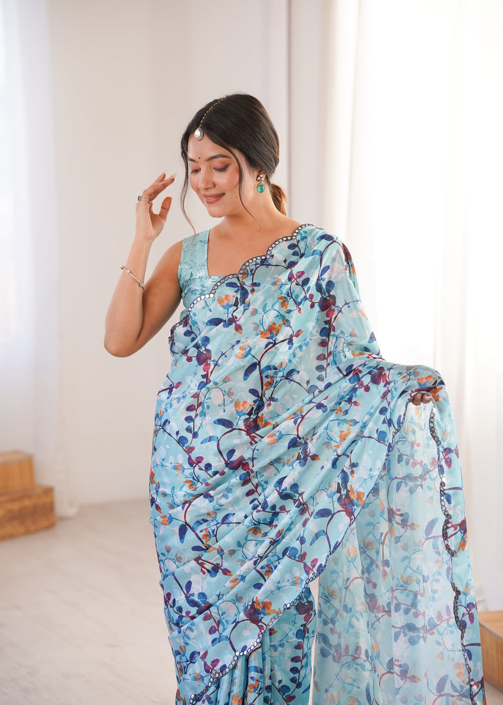 Jyoti Fashion Women's Sky Blue Chinon Digital Printed Designer Saree with Blouse | Grocsy
