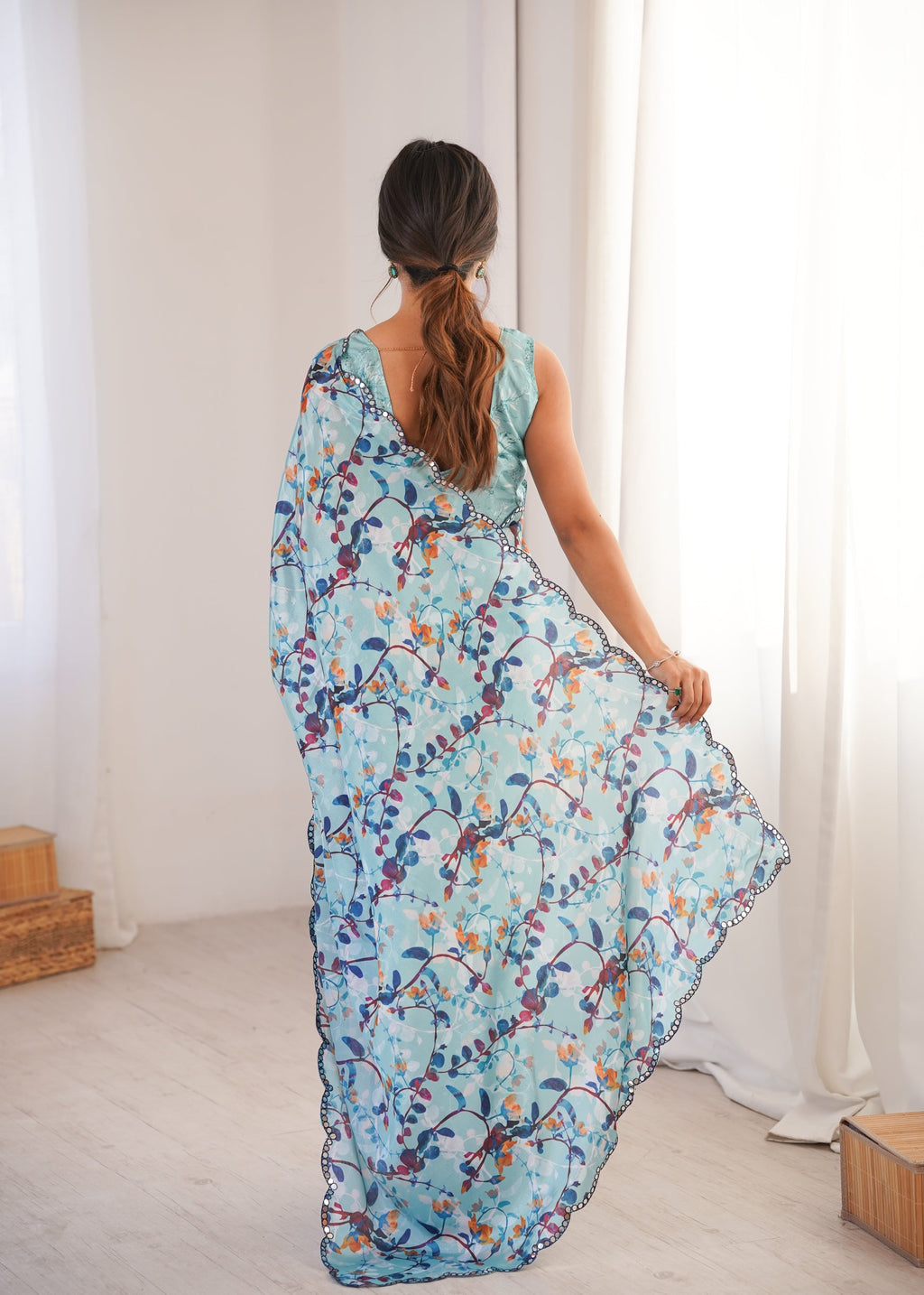 Jyoti Fashion Women's Sky Blue Chinon Digital Printed Designer Saree with Blouse | Grocsy
