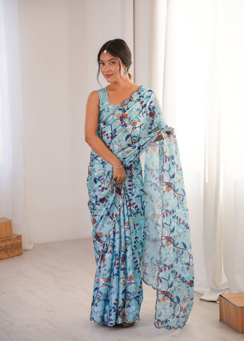 Jyoti Fashion Women's Sky Blue Chinon Digital Printed Designer Saree with Blouse | Grocsy