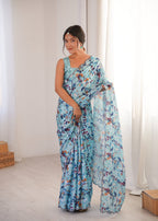 Jyoti Fashion Women's Sky Blue Chinon Digital Printed Designer Saree with Blouse | Grocsy