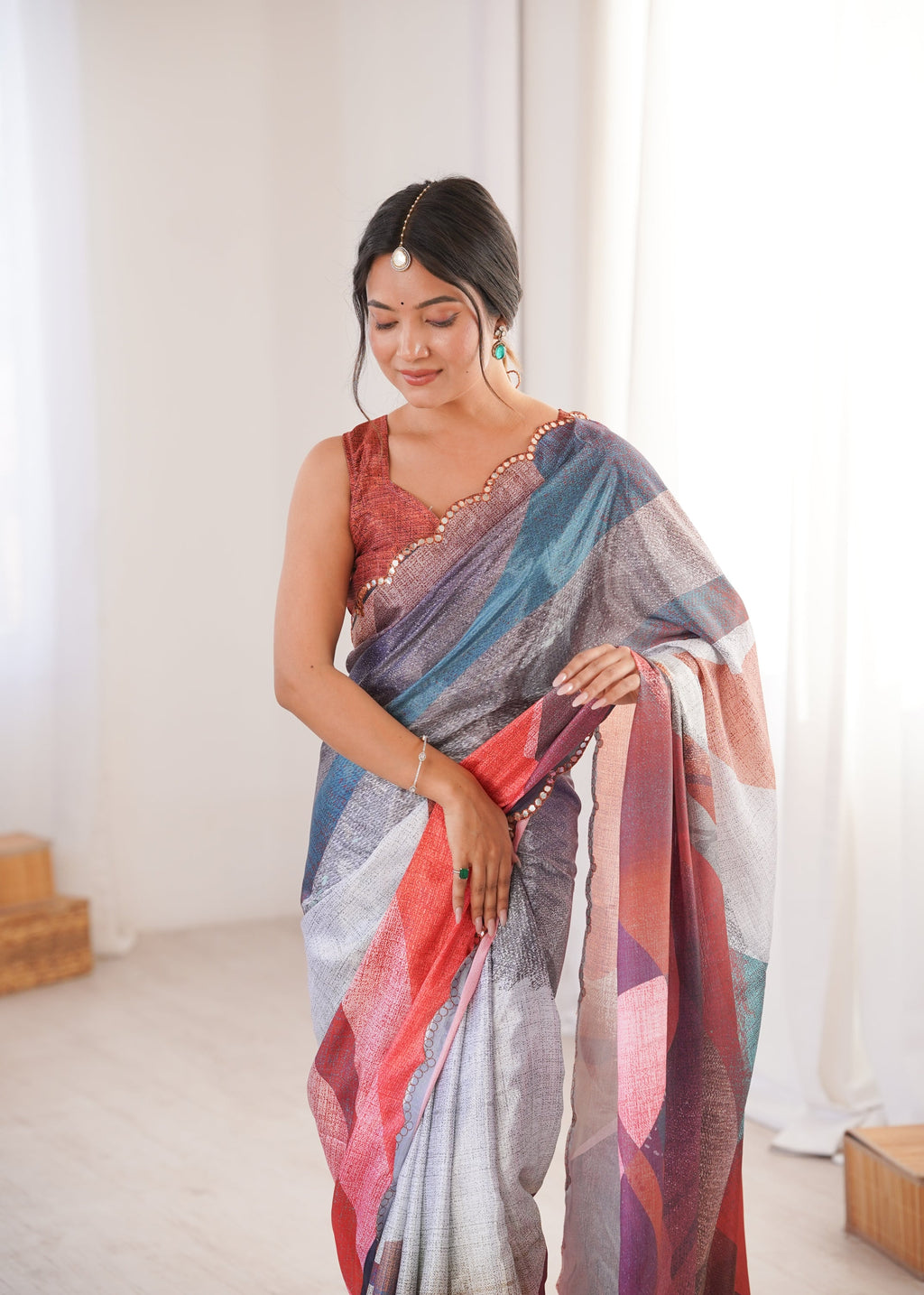 Jyoti Fashion Women's Multicolor Chinon Digital Printed Designer Saree with Blouse | Grocsy