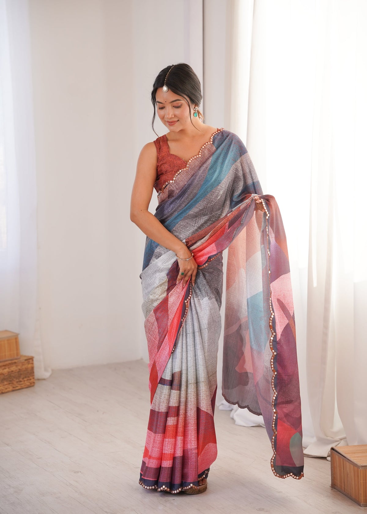 Jyoti Fashion Women's Multicolor Chinon Digital Printed Designer Saree with Blouse | Grocsy