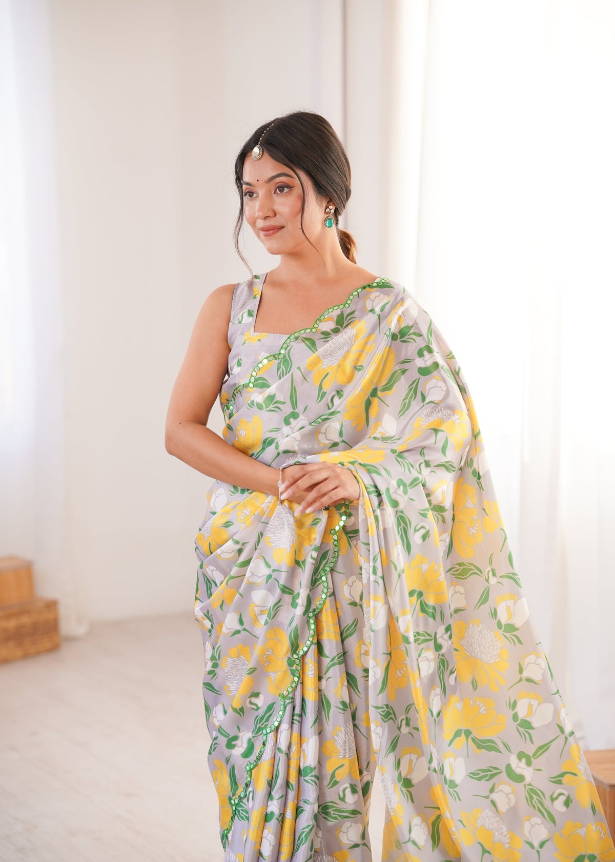 Jyoti Fashion Women's Multicolor Chinon Digital Printed Designer Saree with Blouse | Grocsy