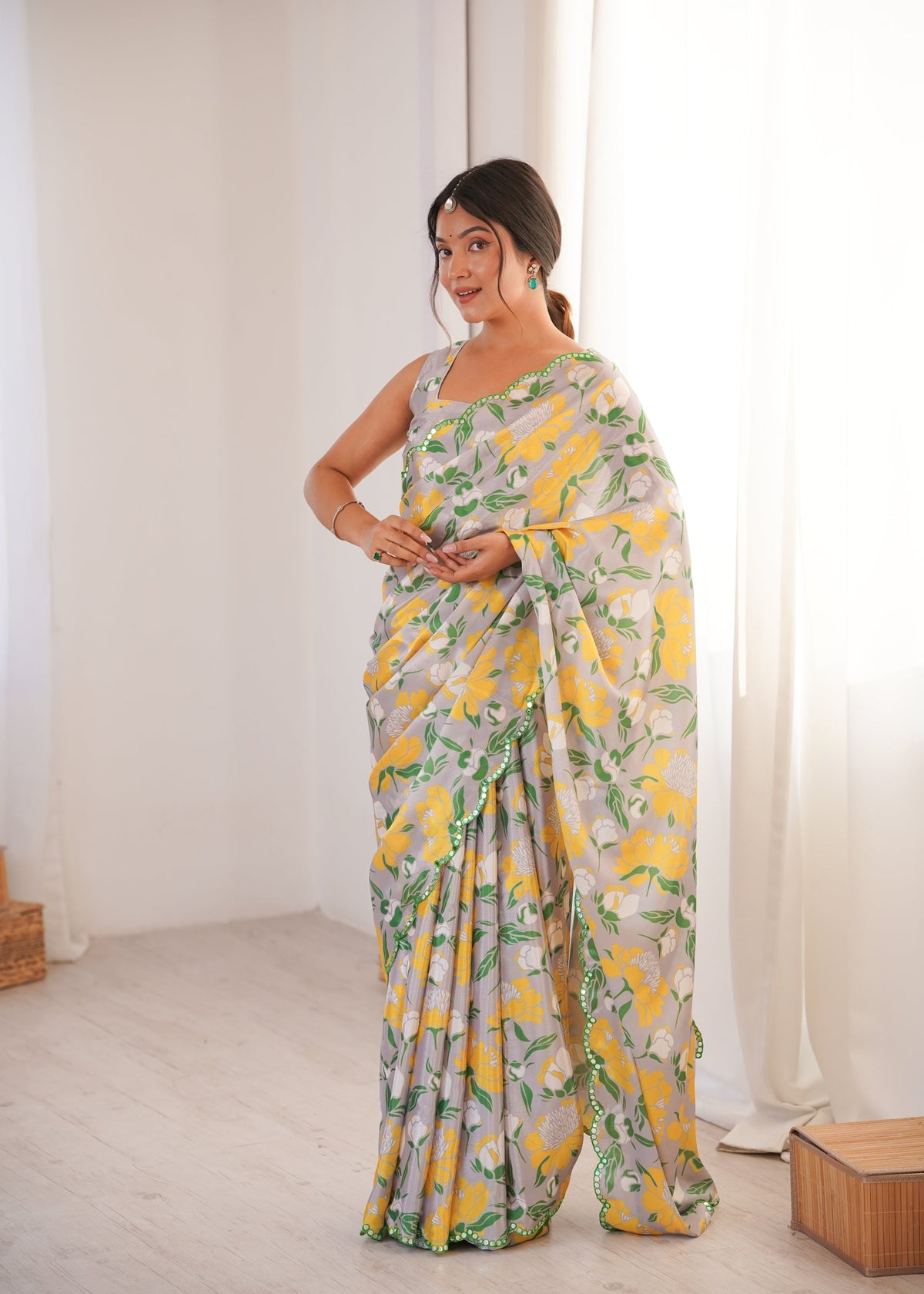 Jyoti Fashion Women's Multicolor Chinon Digital Printed Designer Saree with Blouse | Grocsy