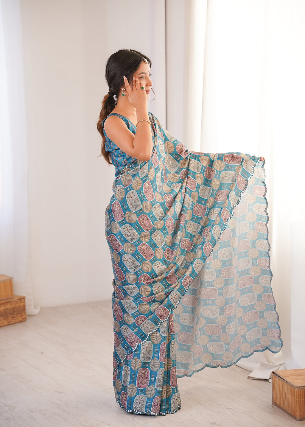 Jyoti Fashion Women's Teal Chinon Digital Printed Designer Saree with Blouse | Grocsy