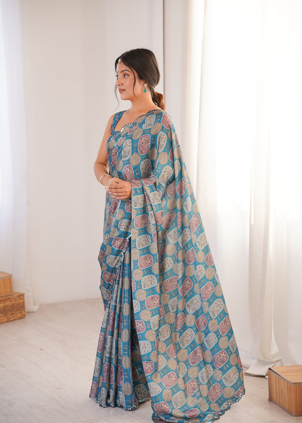 Jyoti Fashion Women's Teal Chinon Digital Printed Designer Saree with Blouse | Grocsy