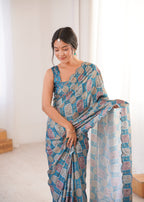 Jyoti Fashion Women's Teal Chinon Digital Printed Designer Saree with Blouse | Grocsy