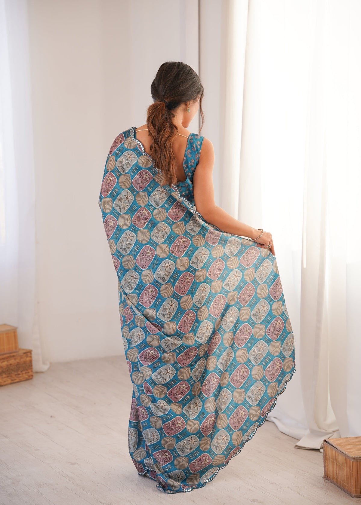 Jyoti Fashion Women's Teal Chinon Digital Printed Designer Saree with Blouse | Grocsy