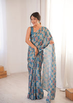 Jyoti Fashion Women's Teal Chinon Digital Printed Designer Saree with Blouse | Grocsy