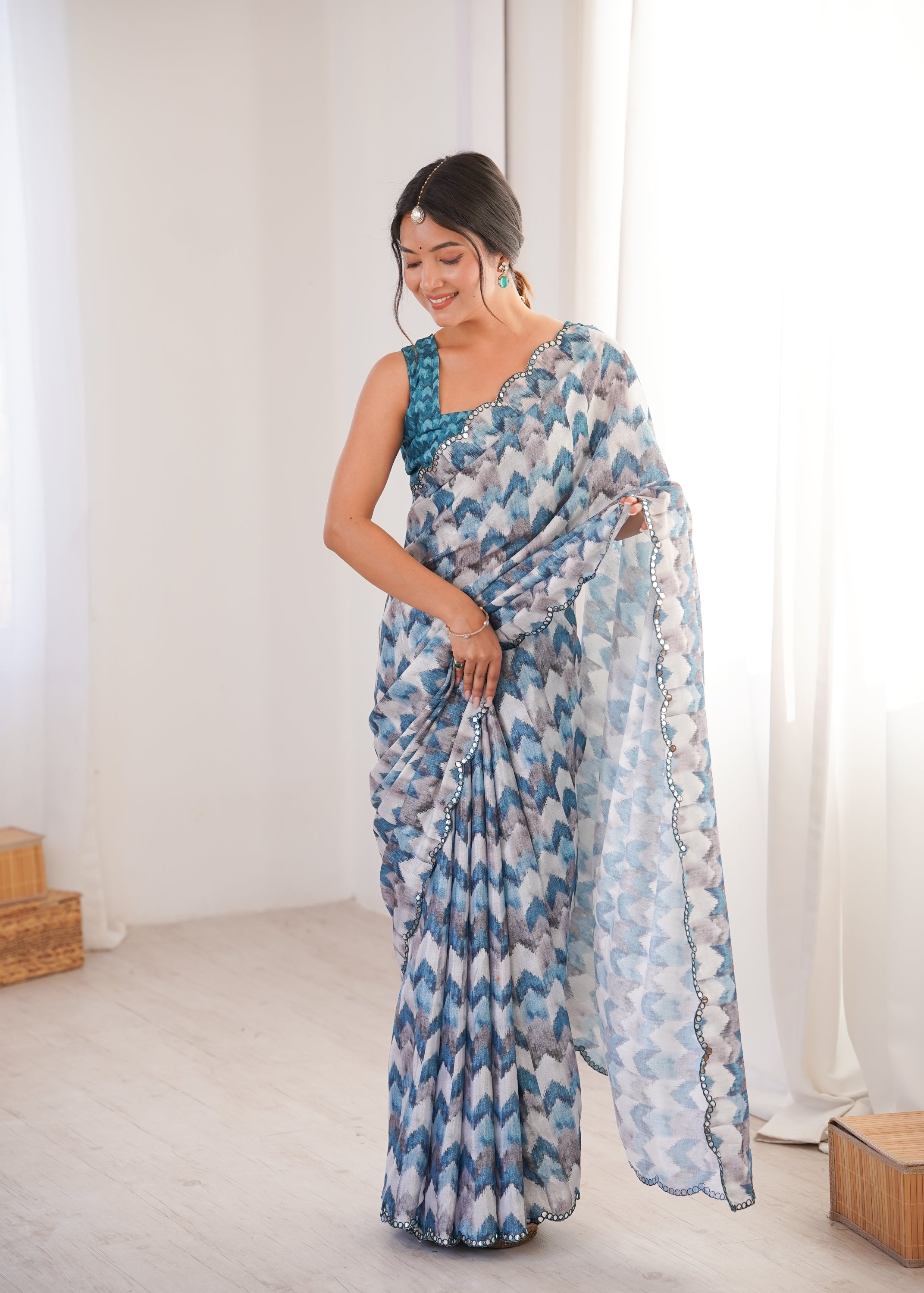 Jyoti Fashion Women's Multicolor Chinon Digital Printed Designer Saree with Blouse | Grocsy