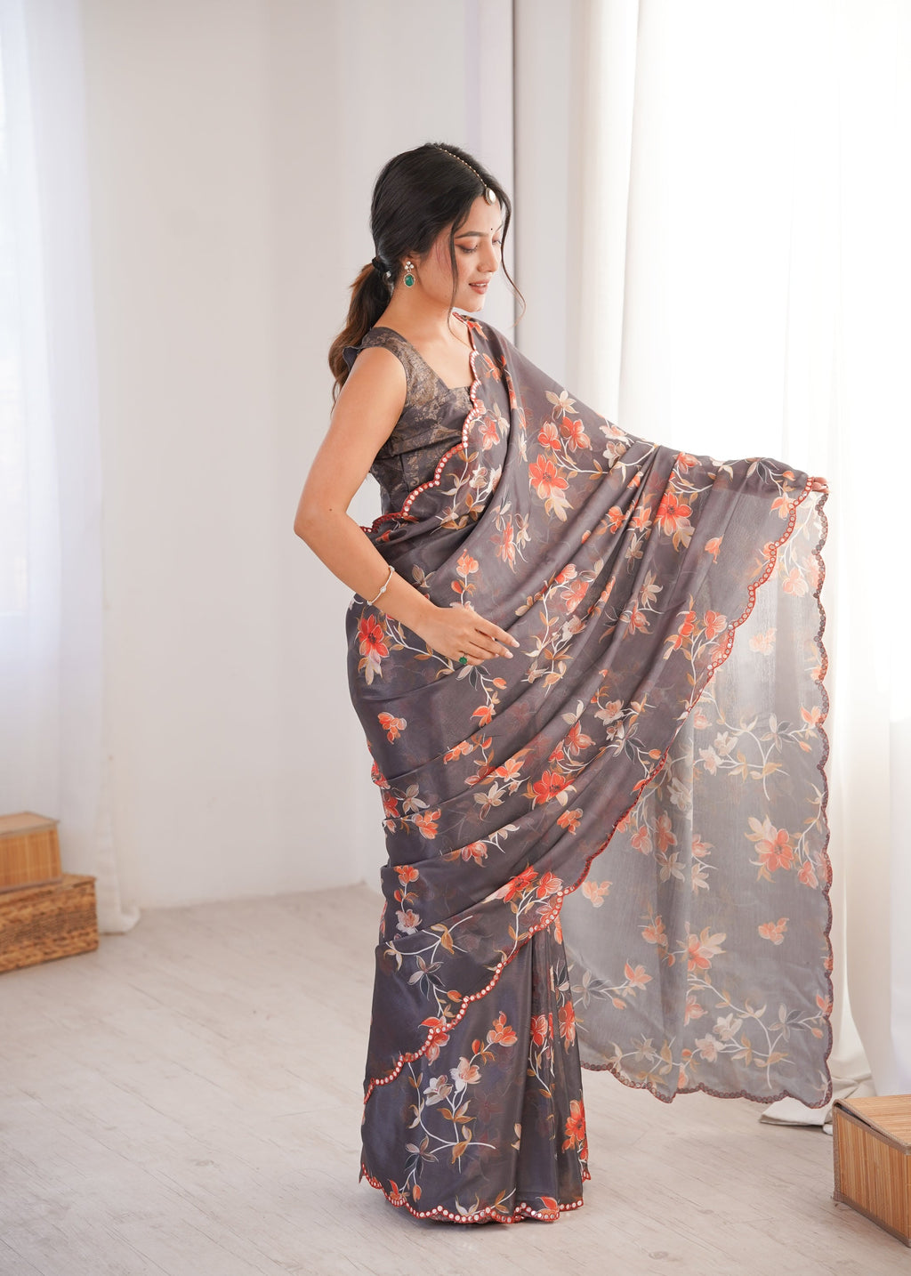 Jyoti Fashion Women's Multicolor Chinon Digital Printed Designer Saree with Blouse | Grocsy