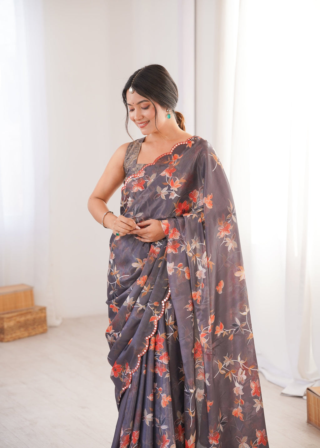 Jyoti Fashion Women's Multicolor Chinon Digital Printed Designer Saree with Blouse | Grocsy