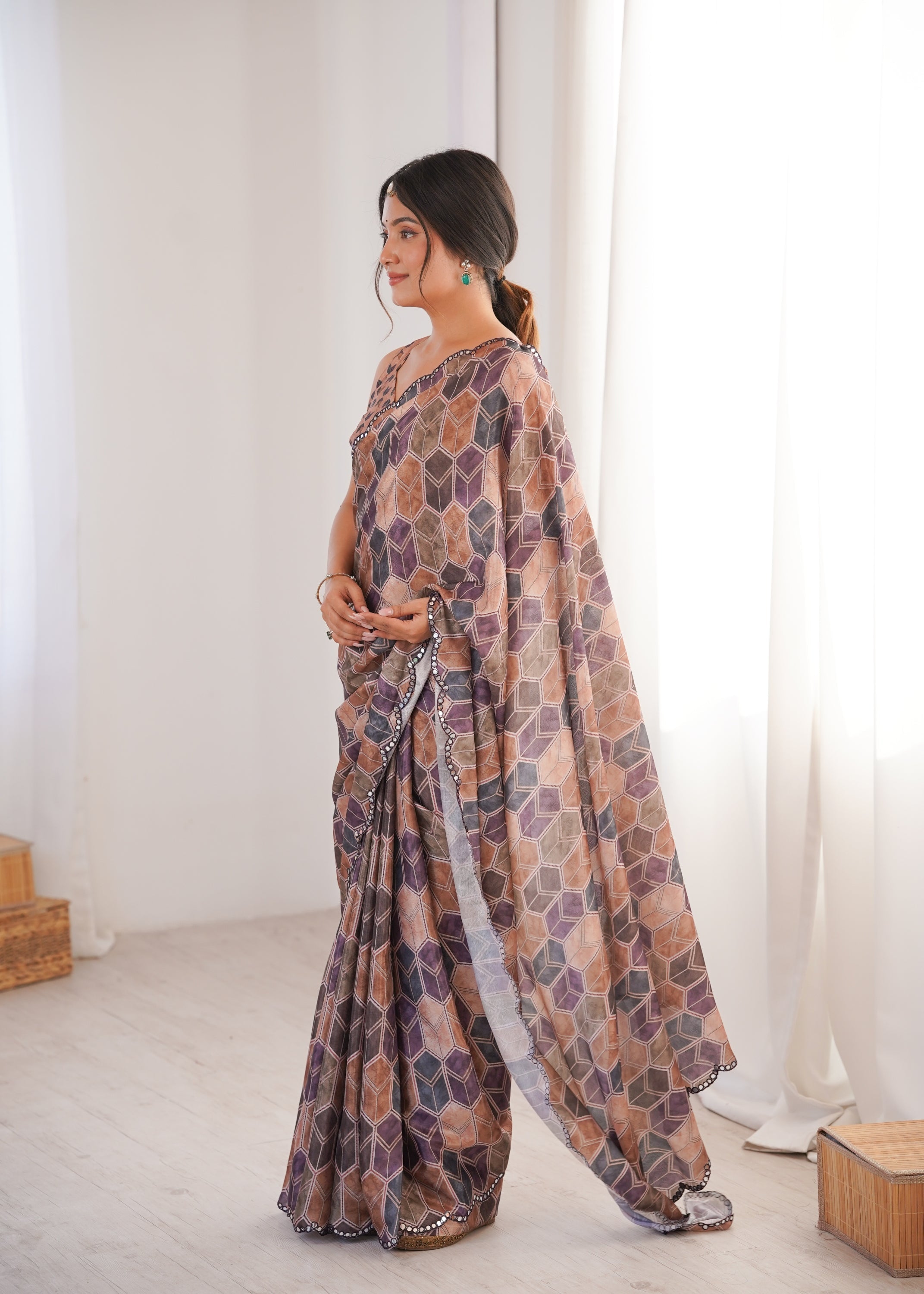 Jyoti Fashion Women's Multicolor Chinon Digital Printed Designer Saree with Blouse | Grocsy