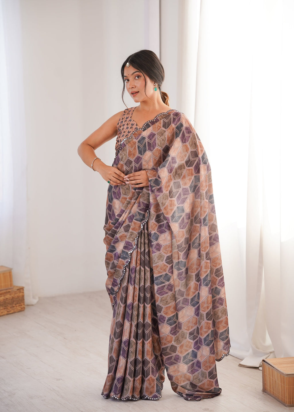 Jyoti Fashion Women's Multicolor Chinon Digital Printed Designer Saree with Blouse | Grocsy