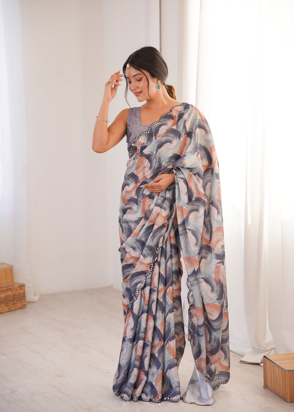 Jyoti Fashion Women's Multicolor Chinon Digital Printed Designer Saree with Blouse | Grocsy