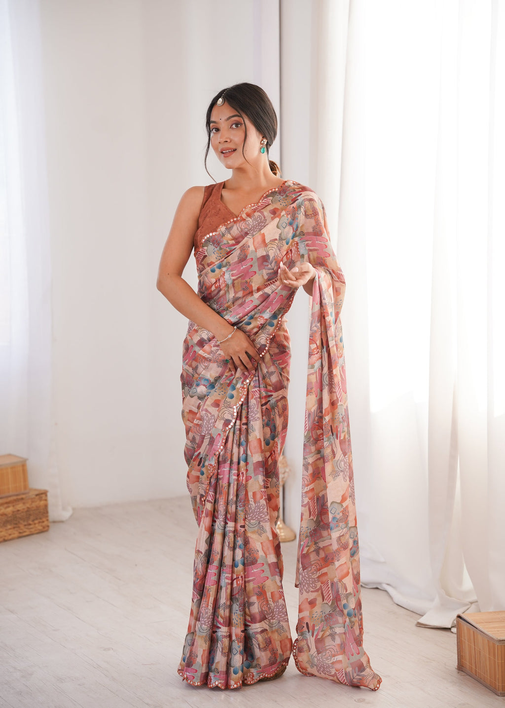 Jyoti Fashion Women's Multicolor Chinon Digital Printed Designer Saree with Blouse | Grocsy