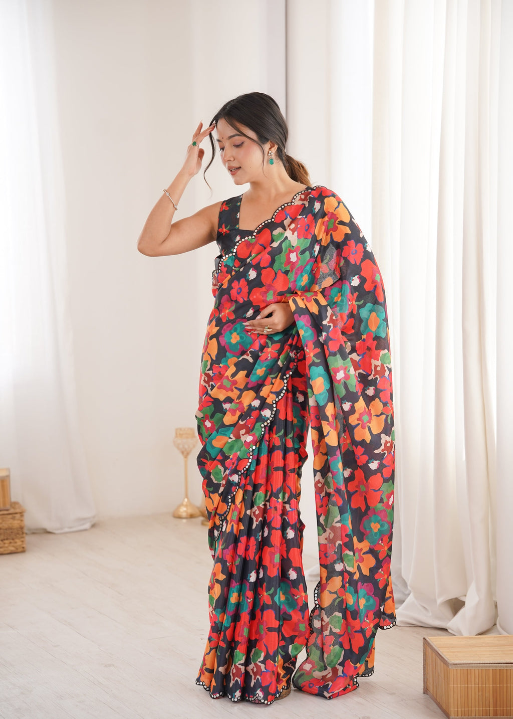 Jyoti Fashion Women's Multicolor Chinon Digital Printed Designer Saree with Blouse | Grocsy