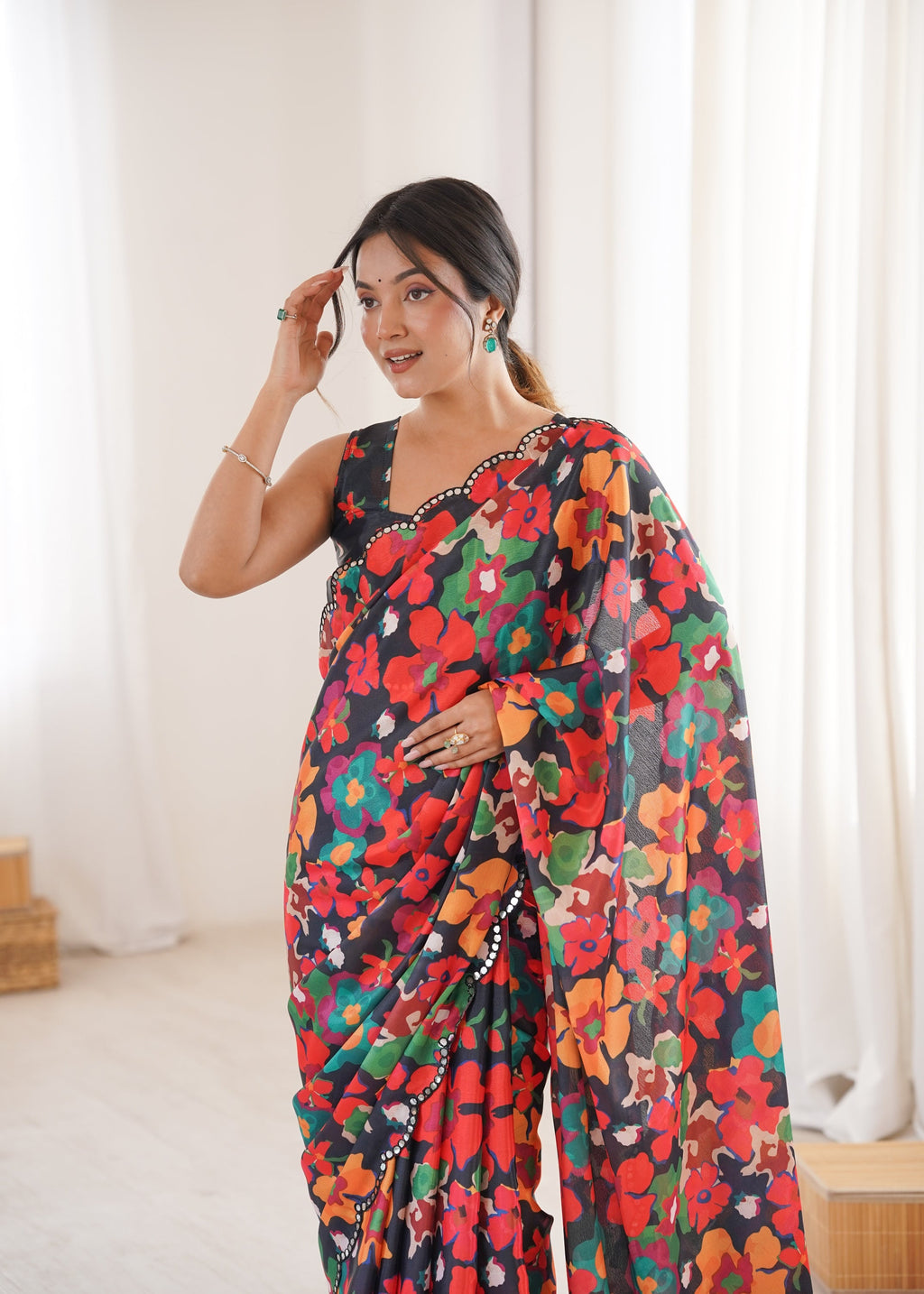 Jyoti Fashion Women's Multicolor Chinon Digital Printed Designer Saree with Blouse | Grocsy