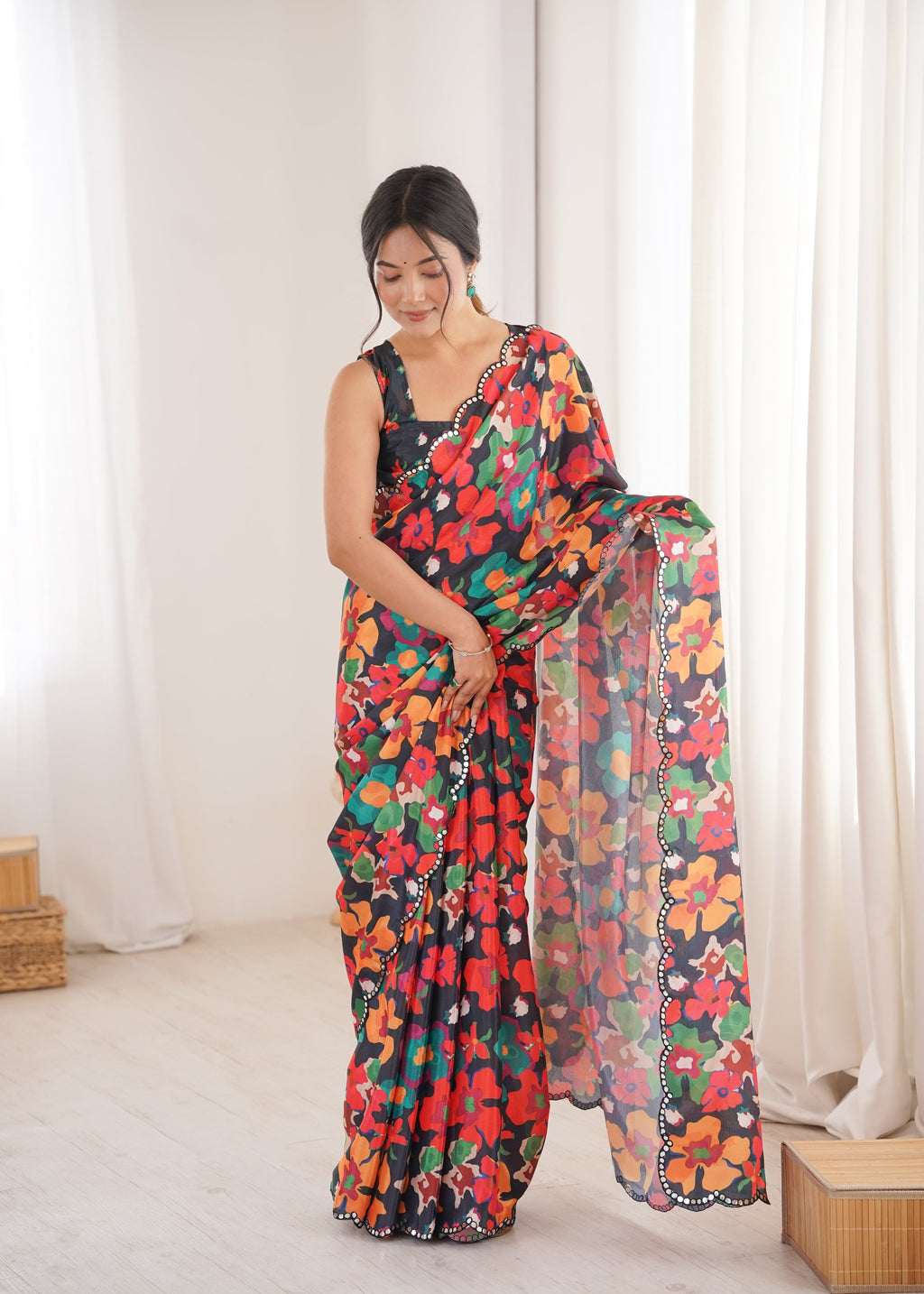Jyoti Fashion Women's Multicolor Chinon Digital Printed Designer Saree with Blouse | Grocsy