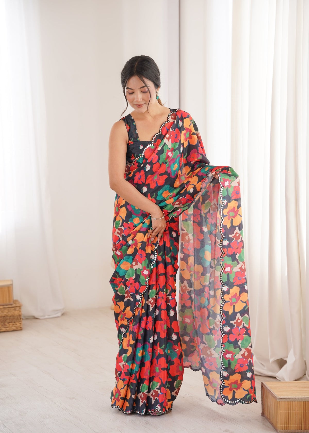 Jyoti Fashion Women's Multicolor Chinon Digital Printed Designer Saree with Blouse | Grocsy