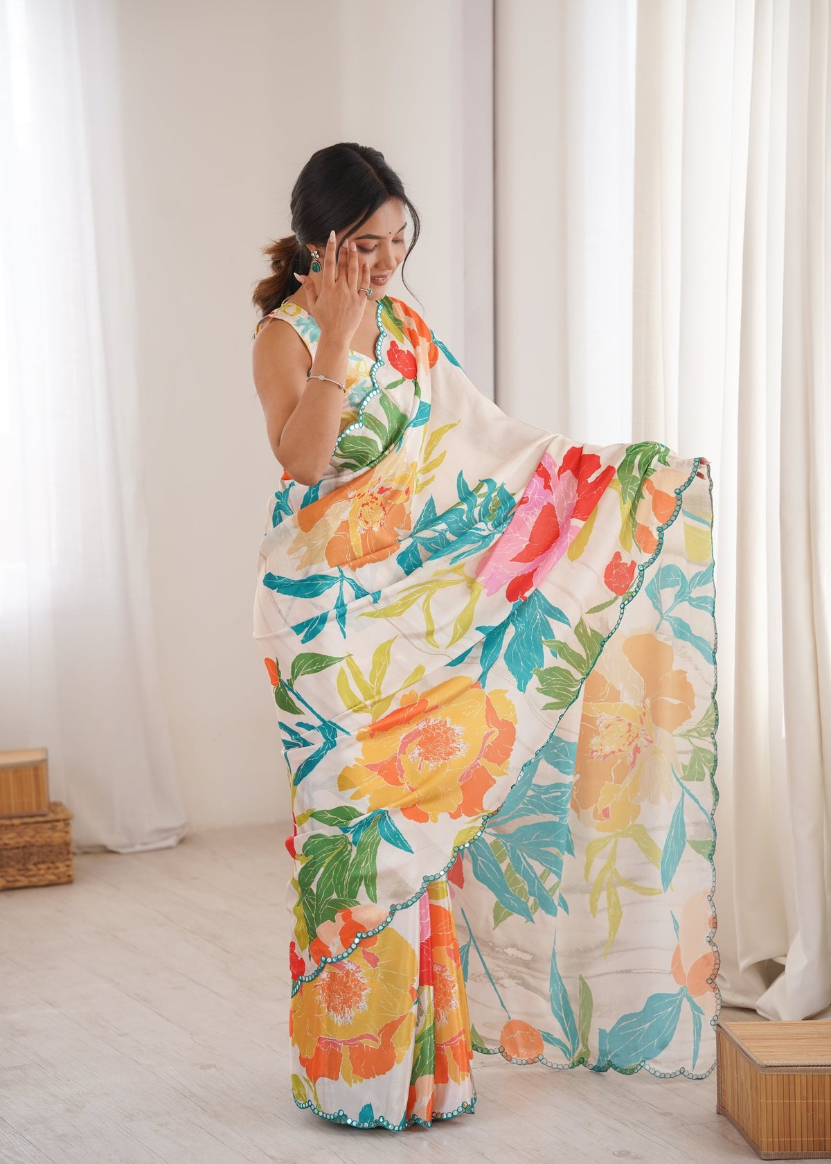 Jyoti Fashion Women's Multicolor Chinon Digital Printed Designer Saree with Blouse | Grocsy