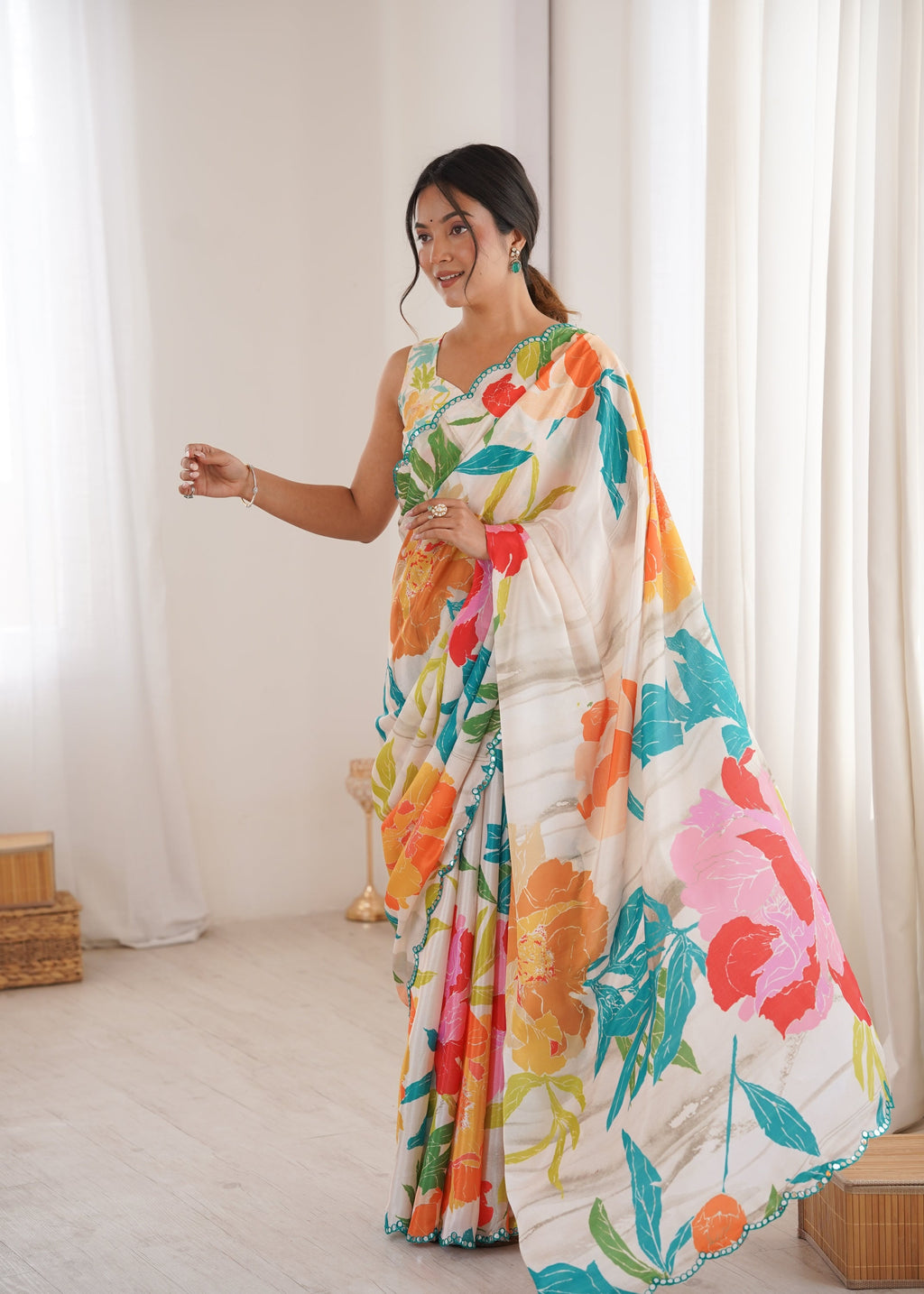 Jyoti Fashion Women's Multicolor Chinon Digital Printed Designer Saree with Blouse | Grocsy