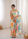 Jyoti Fashion Women's Multicolor Chinon Digital Printed Designer Saree with Blouse | Grocsy