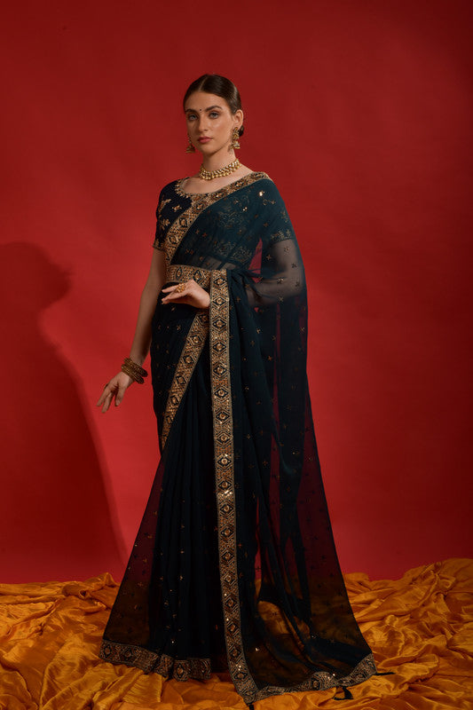 Jyoti Fashion Women's Morpich Sequence Coding Embroidery Georgette Saree with Blouse | Grocsy