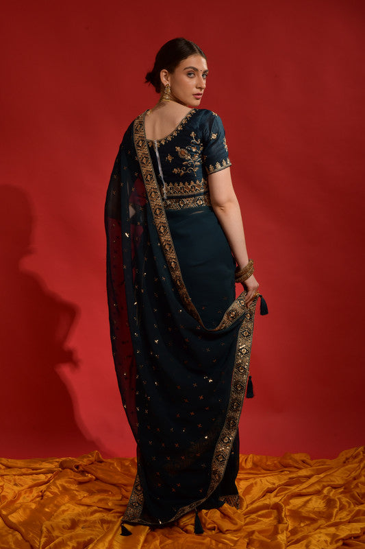 Jyoti Fashion Women's Morpich Sequence Coding Embroidery Georgette Saree with Blouse | Grocsy
