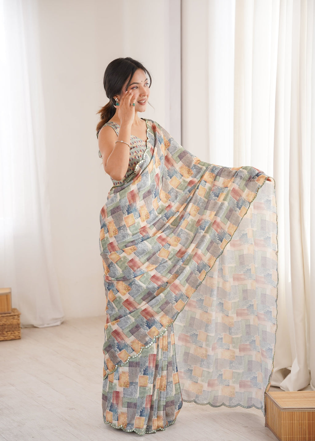 Jyoti Fashion Women's Multicolor Chinon Digital Printed Designer Saree with Blouse | Grocsy
