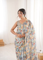 Jyoti Fashion Women's Multicolor Chinon Digital Printed Designer Saree with Blouse | Grocsy