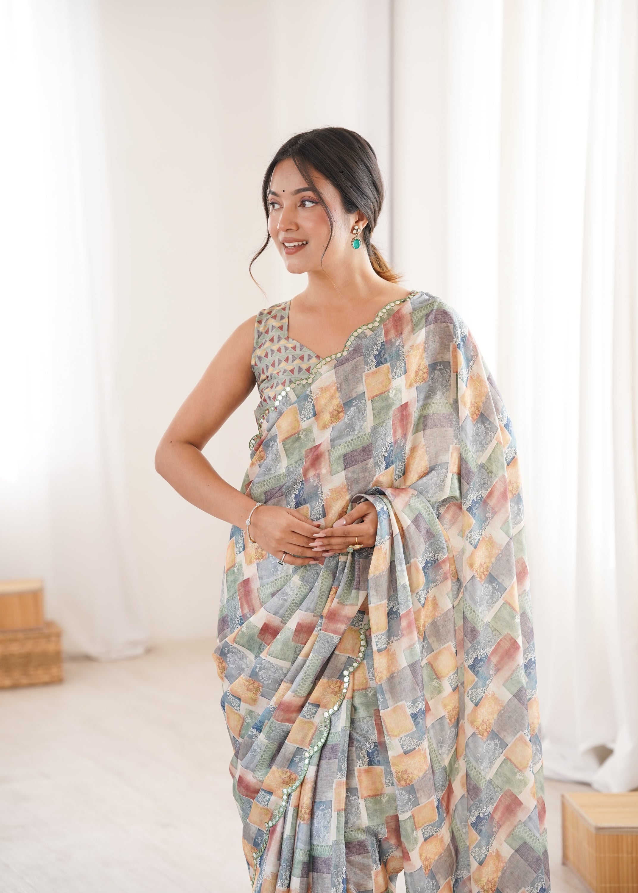 Jyoti Fashion Women's Multicolor Chinon Digital Printed Designer Saree with Blouse | Grocsy