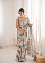 Jyoti Fashion Women's Multicolor Chinon Digital Printed Designer Saree with Blouse | Grocsy