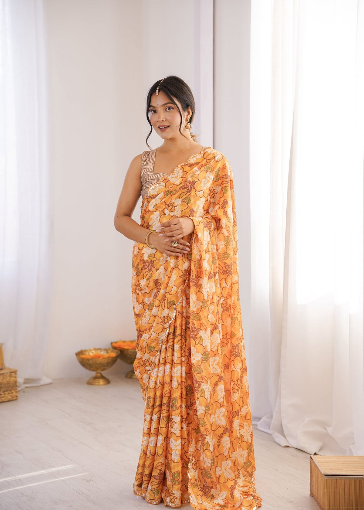 Jyoti Fashion Women's Multicolor Chinon Digital Printed Designer Saree with Blouse | Grocsy
